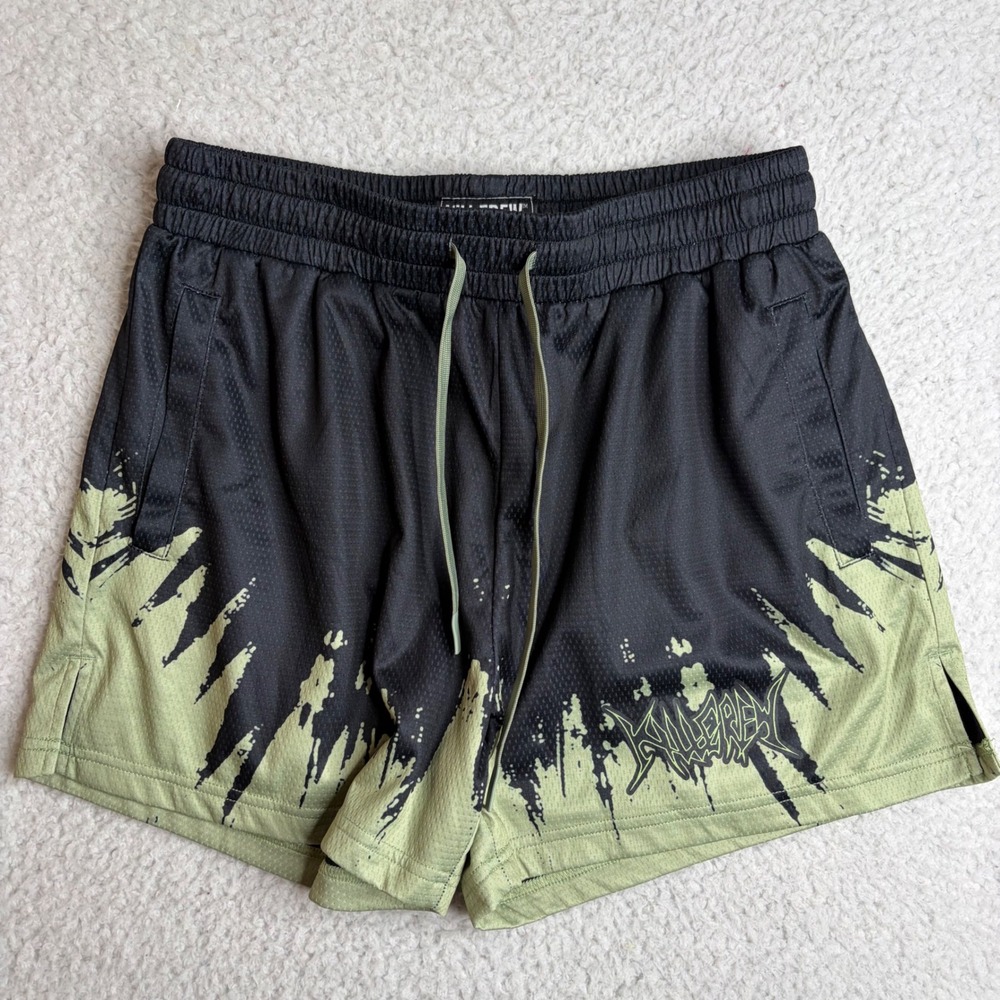 Kill Crew Mens Mesh Gym Shorts Black Olive Green Graphic Athletic Size Large